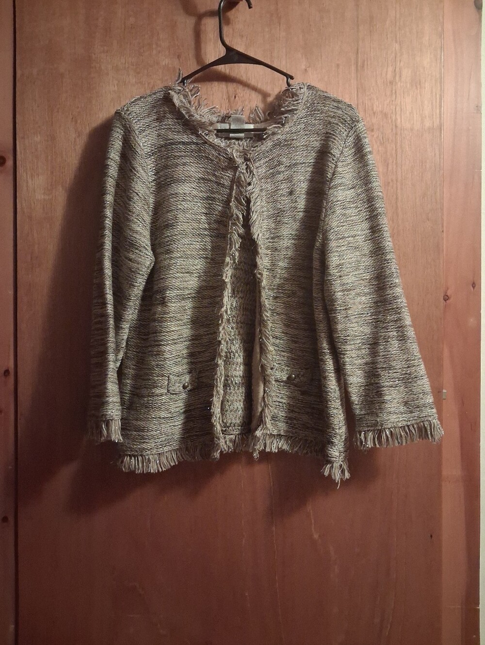 Fringed Open-Front Knit Cardigan in Neutral Mix